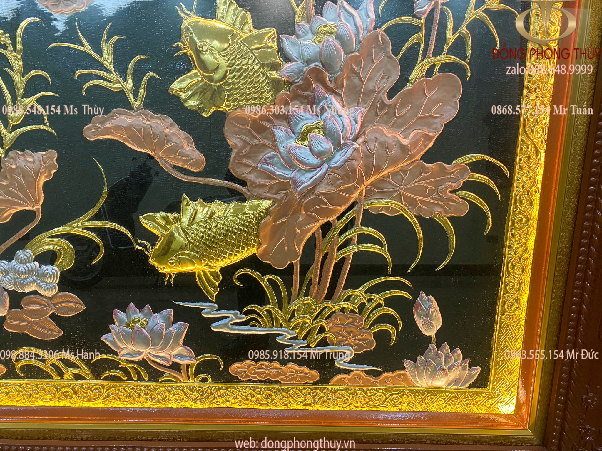 Tranh cá chép hoa sen cửu ngư quần hội 1m33*2m9