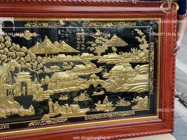 Tranh mạ vàng - tranh đồng quê dát vàng 24k kích thước 1m2x2m3 khung gỗ hương