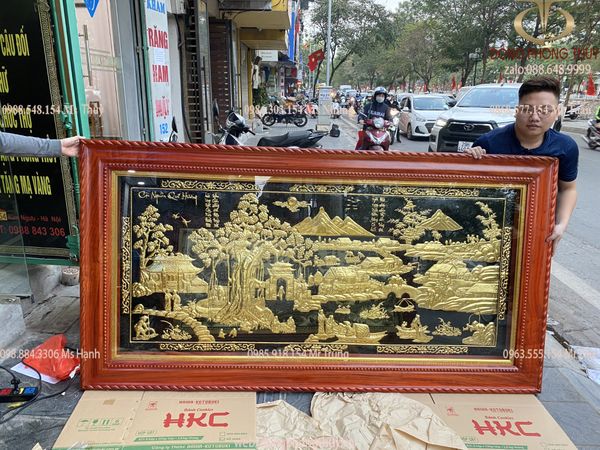 Tranh đồng quê dát vàng 24k kích thước 1m2x2m3 khung gỗ hương