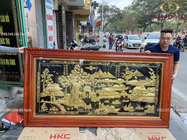 Tranh đồng quê dát vàng 24k kích thước 1m2x2m3 khung gỗ hương