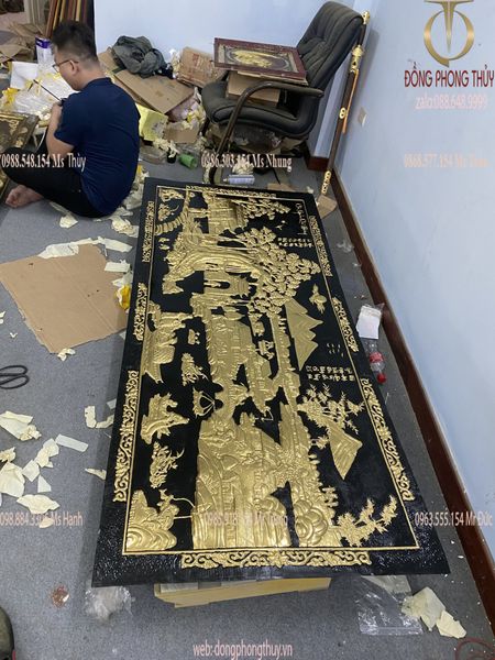 Tranh đồng quê dát vàng 24k kích thước 1m2x2m3 khung gỗ hương