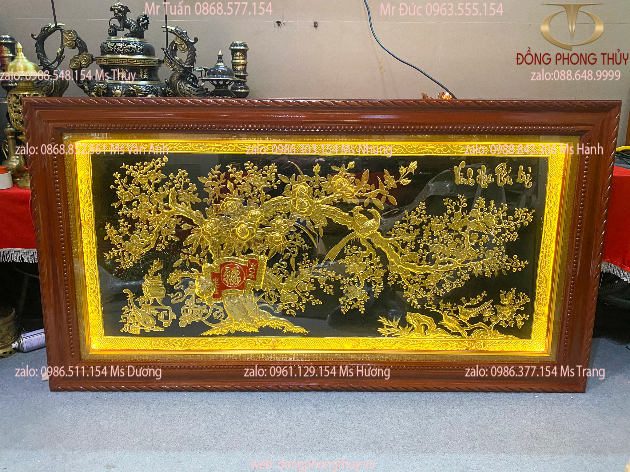 Tranh đồng vinh hoa phú quý 90*1m7 dát vàng bọc kính gắn đèn led