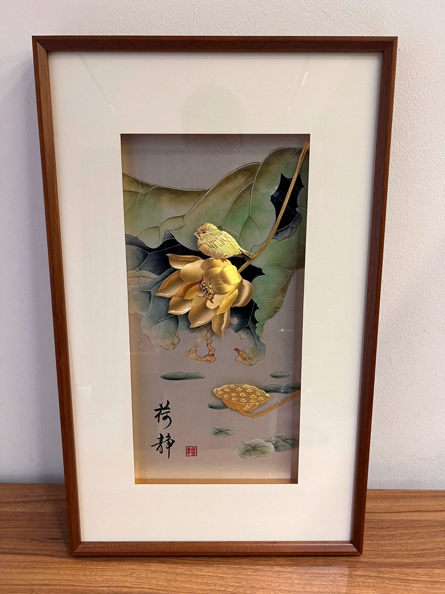 Tranh hoa sen mạ vàng 24k - Kim Liên Tước Vũ 40x65cm