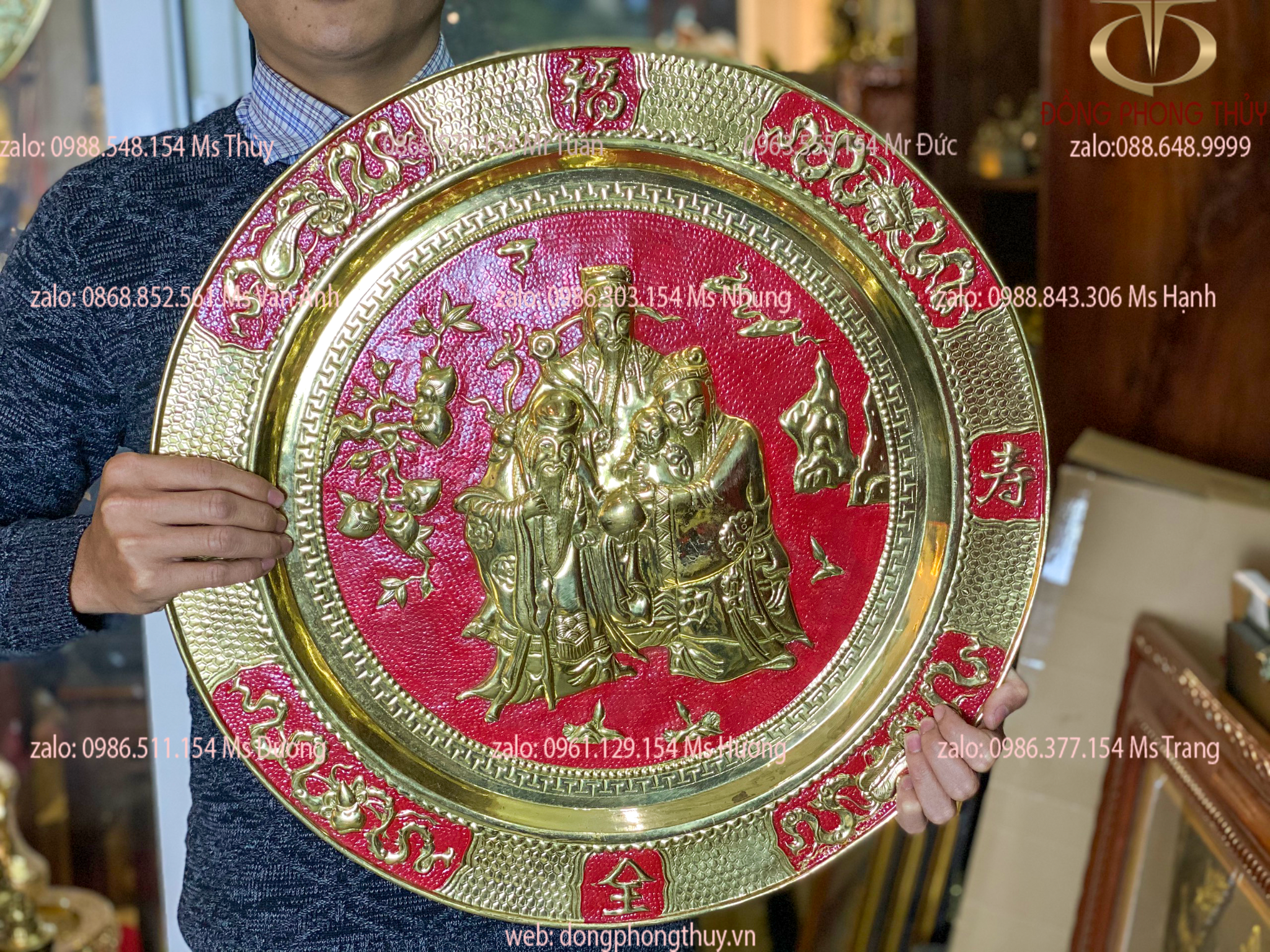 Tranh mâm tam đa Phúc lộc thọ bằng đồng 52cm nặng 1,4kg