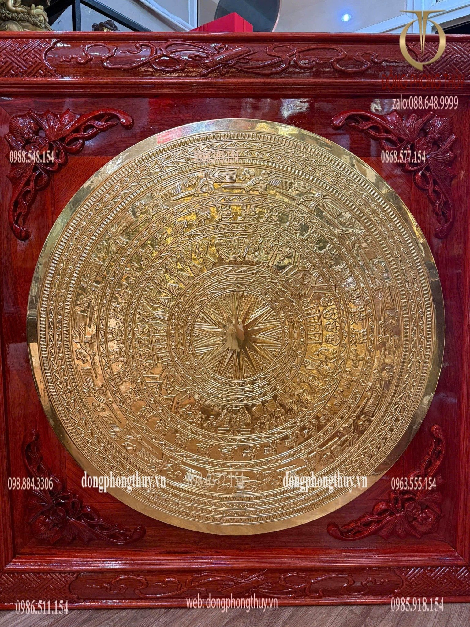 Tranh Trống đồng - mặt trống đồng 1m dát vàng 24k khung gỗ hương