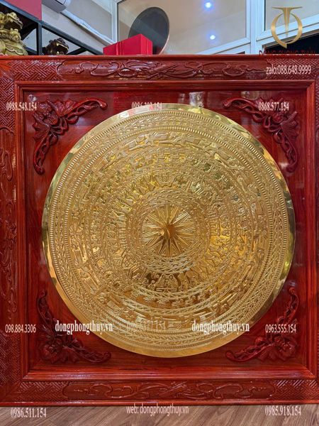 Tranh Trống đồng - mặt trống đồng 1m dát vàng 24k khung gỗ hương