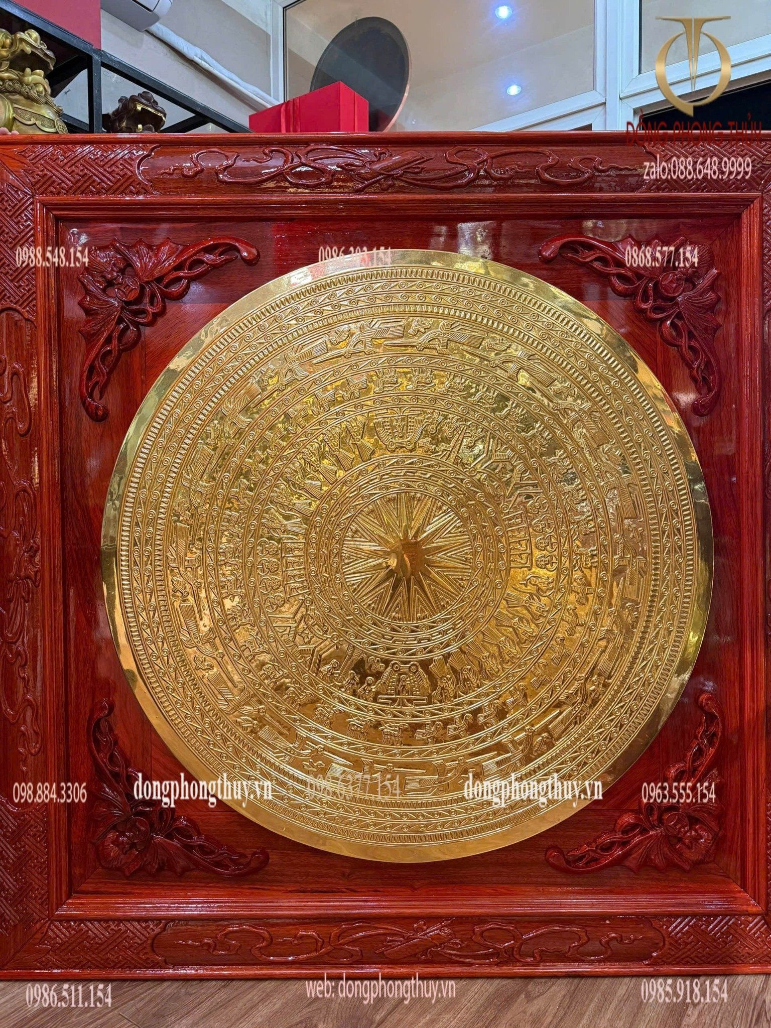 Tranh Trống đồng - mặt trống đồng 1m dát vàng 24k khung gỗ hương