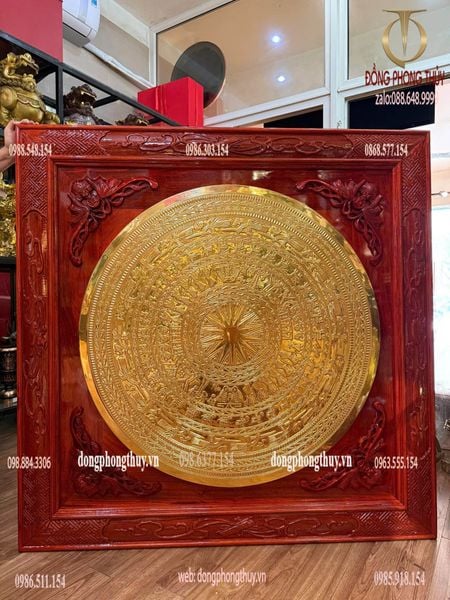 Tranh Trống đồng - mặt trống đồng 1m dát vàng 24k khung gỗ hương