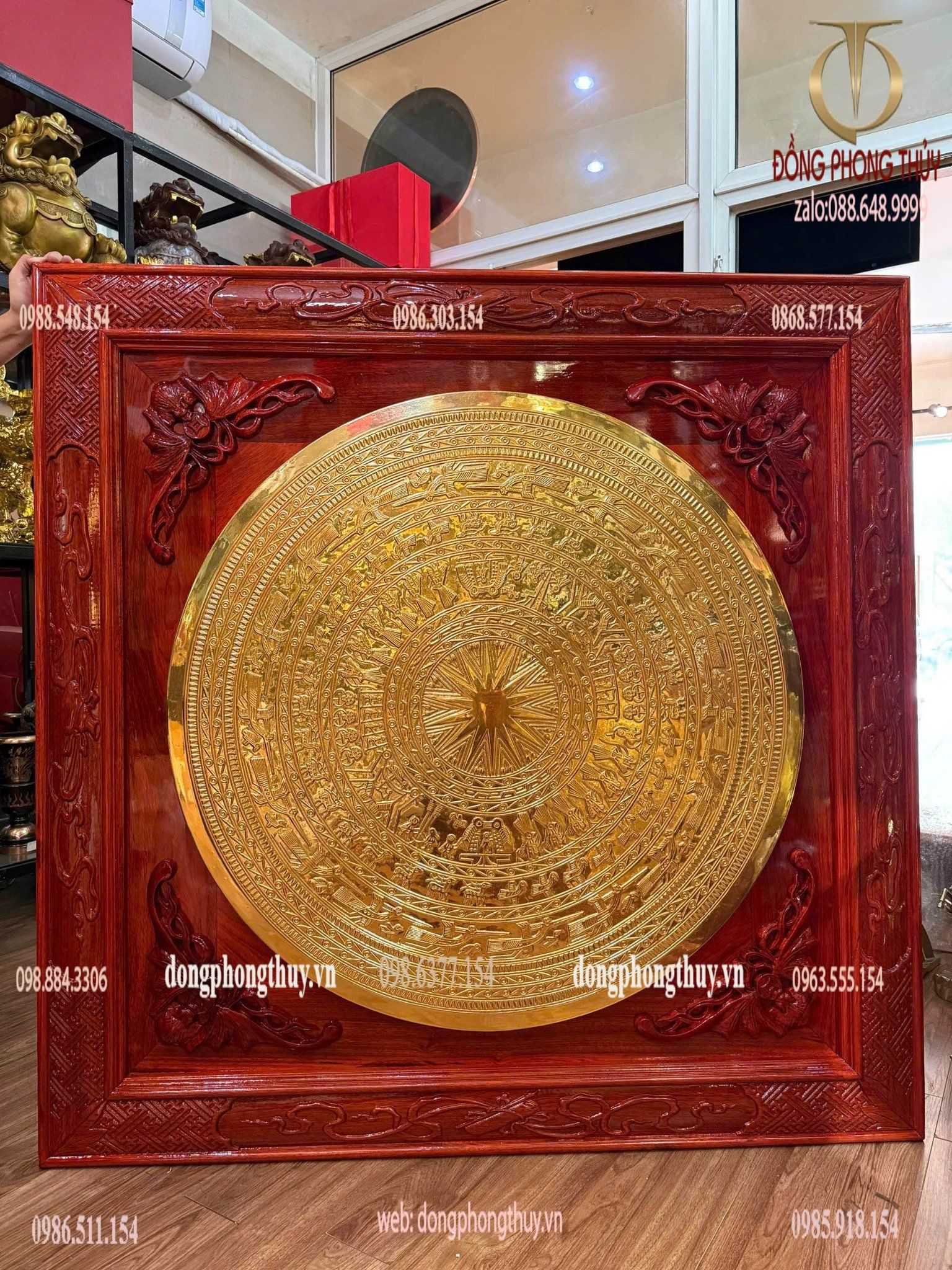 Tranh Trống đồng - mặt trống đồng 1m dát vàng 24k khung gỗ hương
