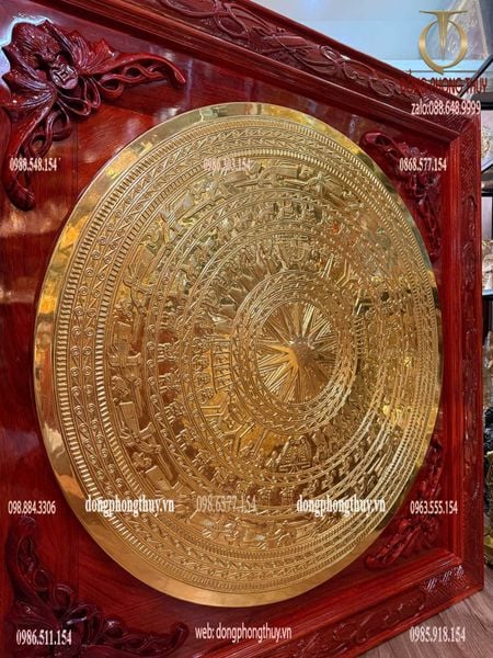Tranh Trống đồng - mặt trống đồng 1m dát vàng 24k khung gỗ hương