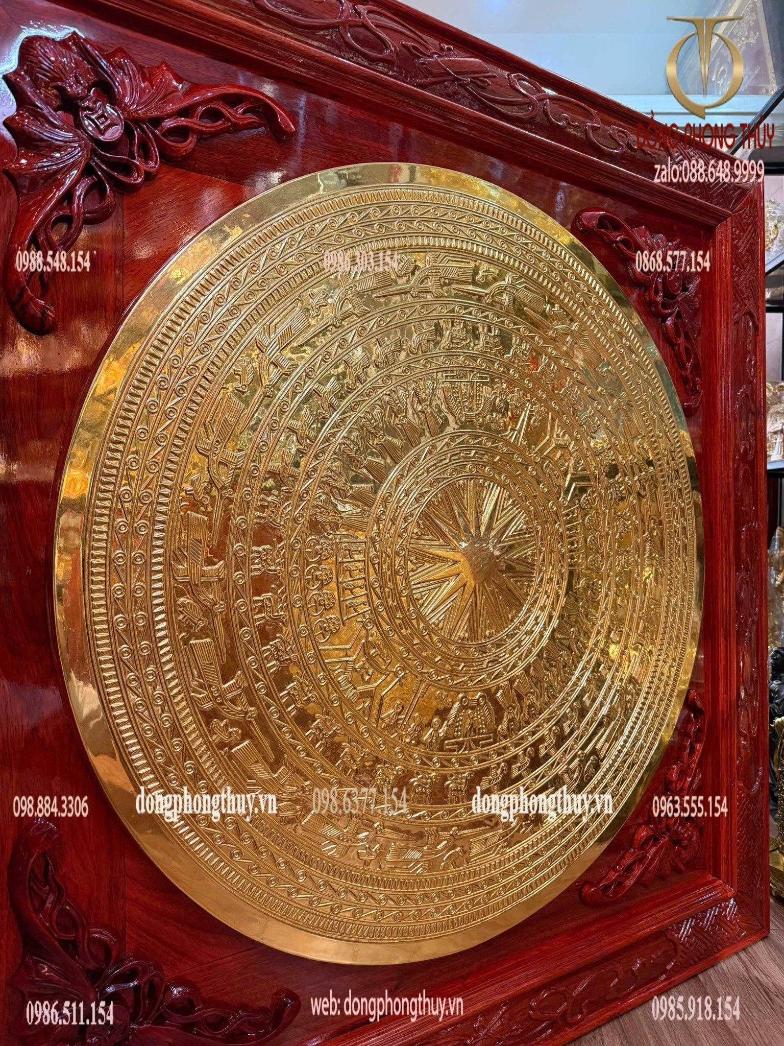 Tranh Trống đồng - mặt trống đồng 1m dát vàng 24k khung gỗ hương
