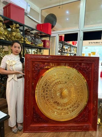 Tranh Trống đồng - mặt trống đồng 1m dát vàng 24k khung gỗ hương