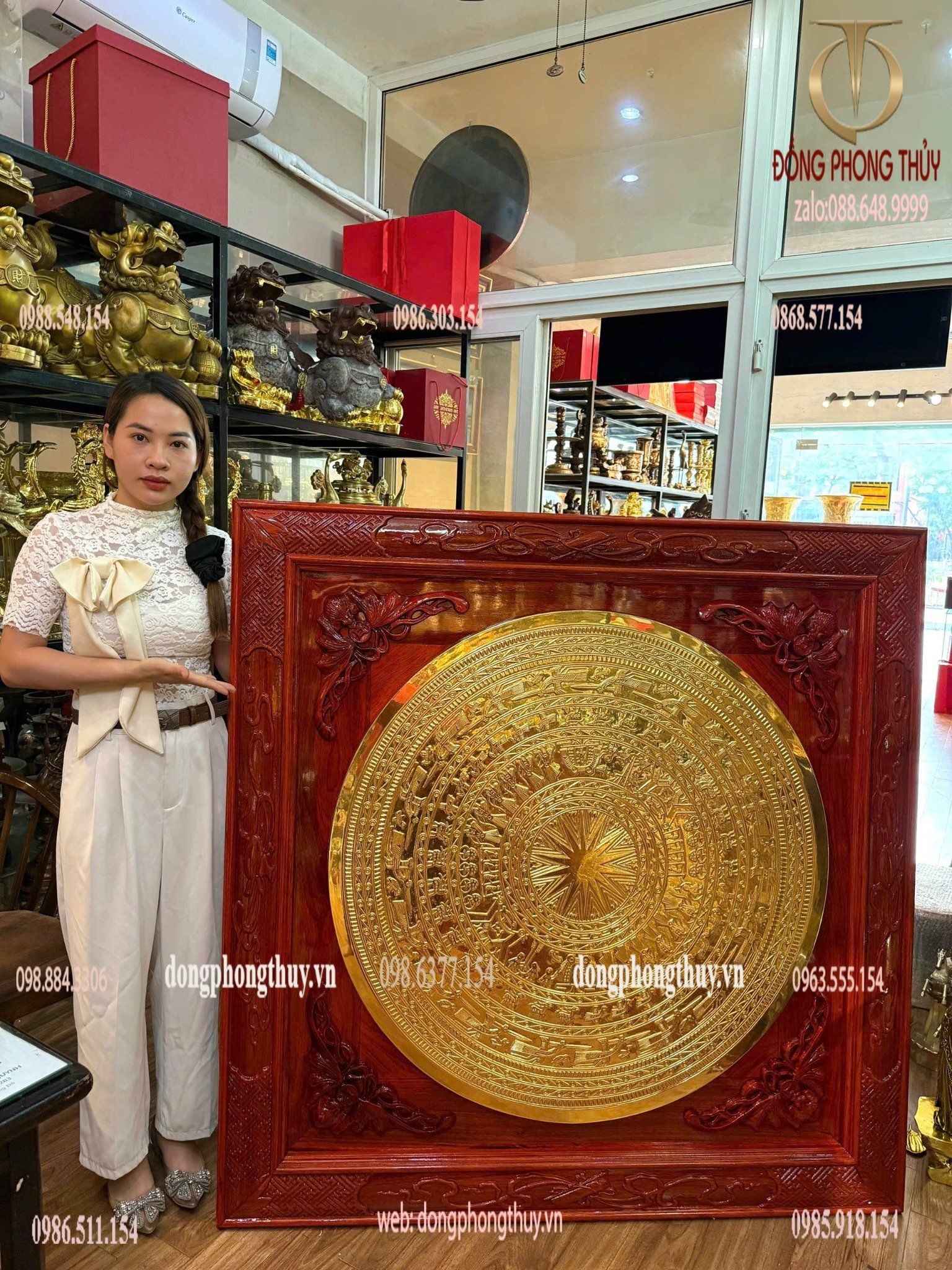 Tranh Trống đồng - mặt trống đồng 1m dát vàng 24k khung gỗ hương