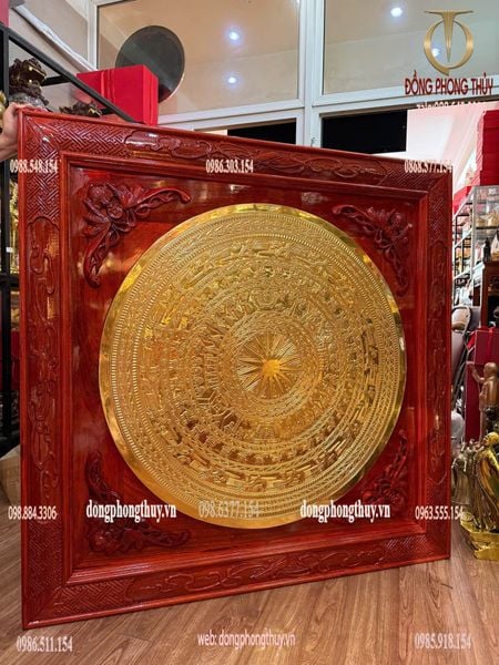 Tranh Trống đồng - mặt trống đồng 1m dát vàng 24k khung gỗ hương