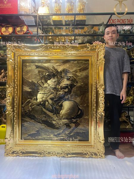 Tranh ngựa mạ vàng Napoleon vượt dãy AnPơ kích thước 1m22*1m39 dát vàng