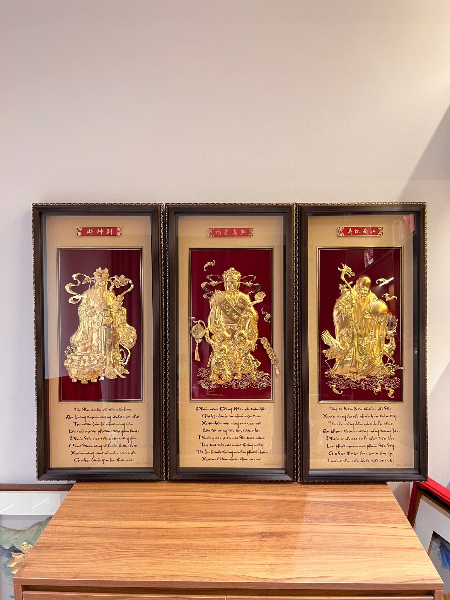 Tranh tam đa Phúc Lộc Thọ dát vàng 24k
