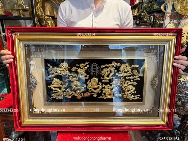 Tranh cửu long bằng đồng mạ vàng 24k 40x65cm