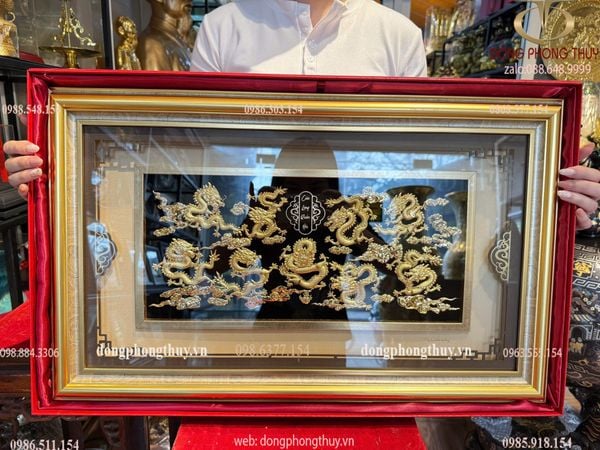 Tranh cửu long bằng đồng mạ vàng 24k 40x65cm