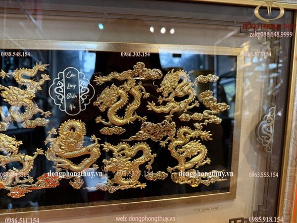 Tranh cửu long bằng đồng mạ vàng 24k 40x65cm