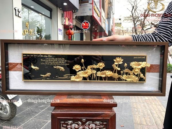 Tranh hoa sen mạ vàng 24k 29x87cm - tranh cá chép hoa sen