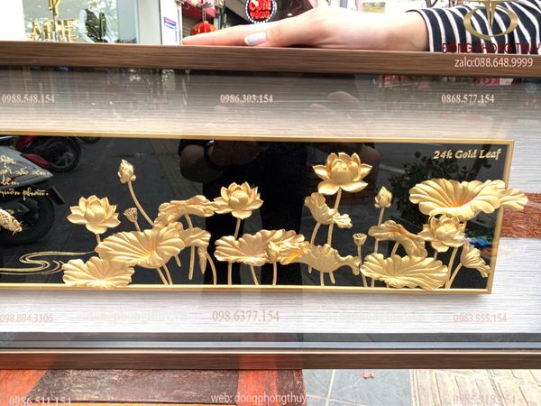 Tranh hoa sen mạ vàng 24k 29x87cm - tranh cá chép hoa sen