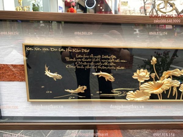 Tranh hoa sen mạ vàng 24k 29x87cm - tranh cá chép hoa sen