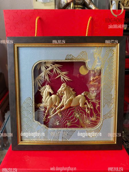 Quà tặng mạ vàng: Tranh mã đáo thành công mạ vàng 24k song mã 30x30cm