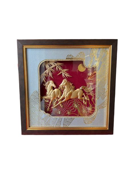 Quà tặng mạ vàng: Tranh mã đáo thành công mạ vàng 24k song mã 30x30cm