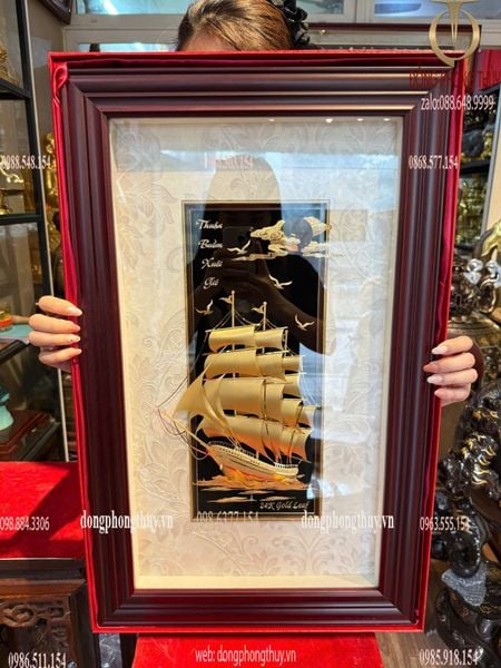 Tranh thuyền buồm mạ vàng 24k - tranh thuận buồm xuôi gió 40x65cm
