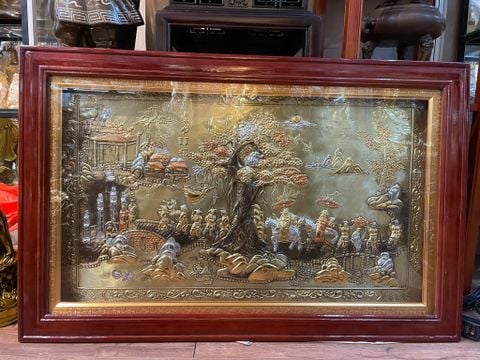 Tranh vinh quy bái tổ bằng đồng dát vàng 74*114