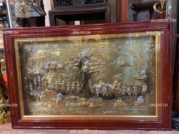 Tranh vinh quy bái tổ bằng đồng dát vàng 74*114
