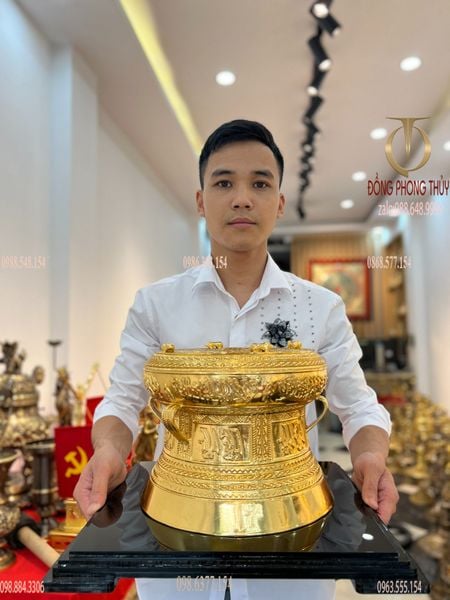 Trống đồng Đông Sơn 25cm bằng đồng dát vàng 24k