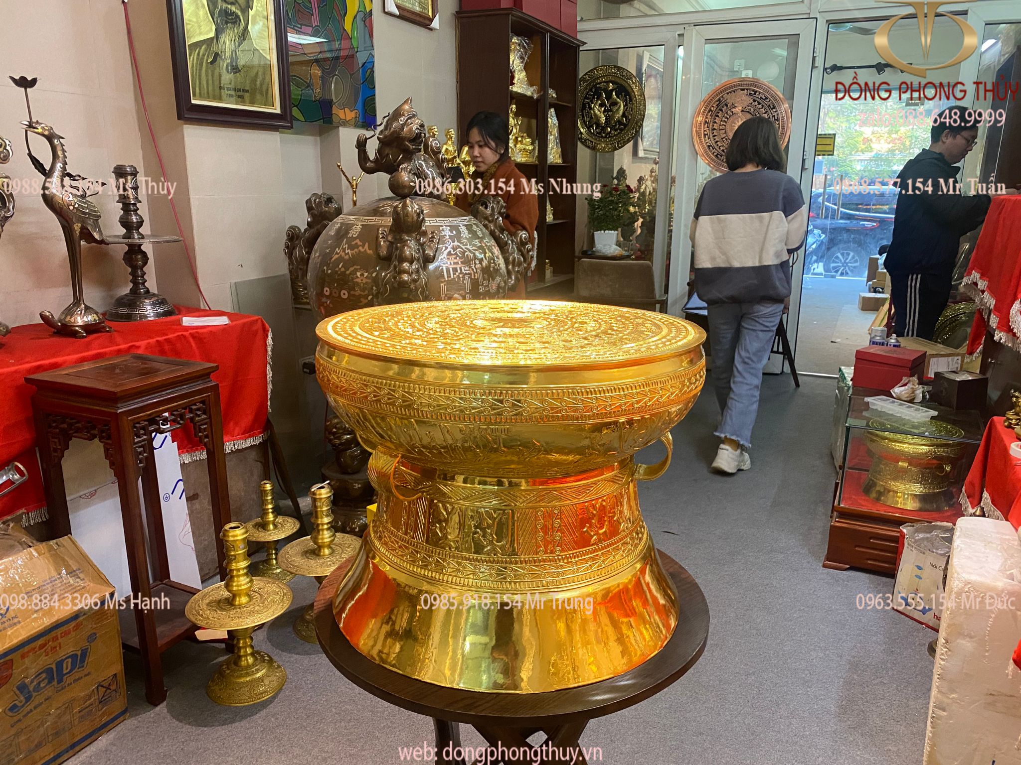 Quả trống đồng 60cm nặng 50kg đồng đỏ dát vàng 24k