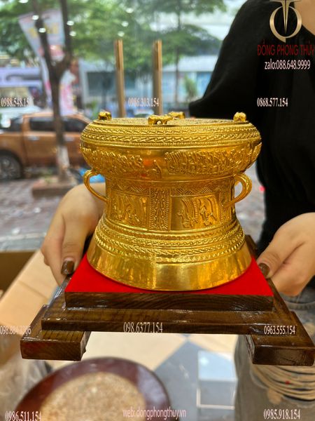 Quả trống đồng Đông Sơn 15cm dát vàng 24k