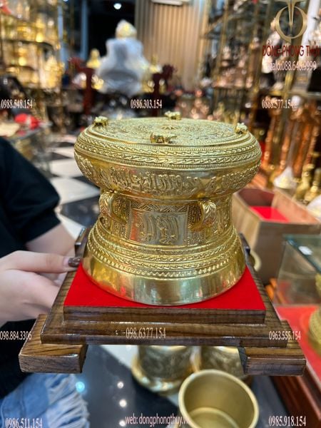 Quả trống đồng Đông Sơn 15cm dát vàng 24k