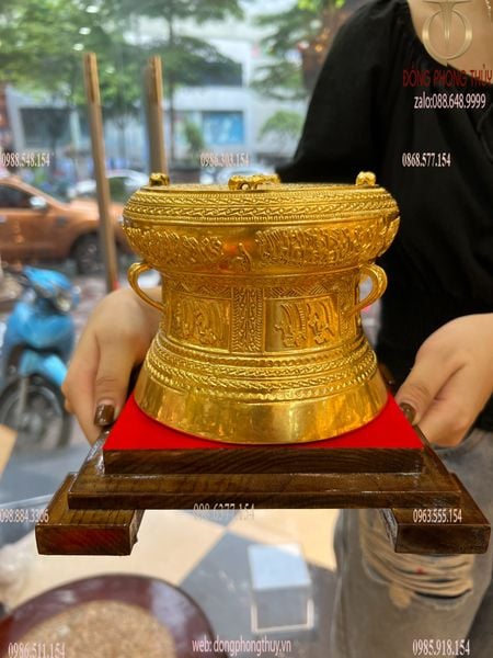 Quả trống đồng Đông Sơn 15cm dát vàng 24k