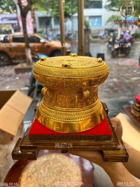 Quả trống đồng Đông Sơn 15cm dát vàng 24k