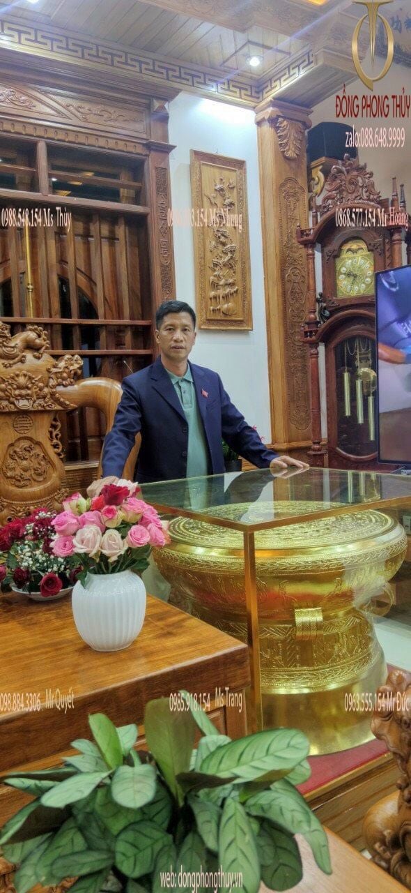 Trống Đồng Đông Sơn bằng đồng đỏ dát vàng 24k