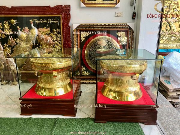 Trống Đồng Đông Sơn 50cm nặng 30kg bằng đồng đỏ dát vàng