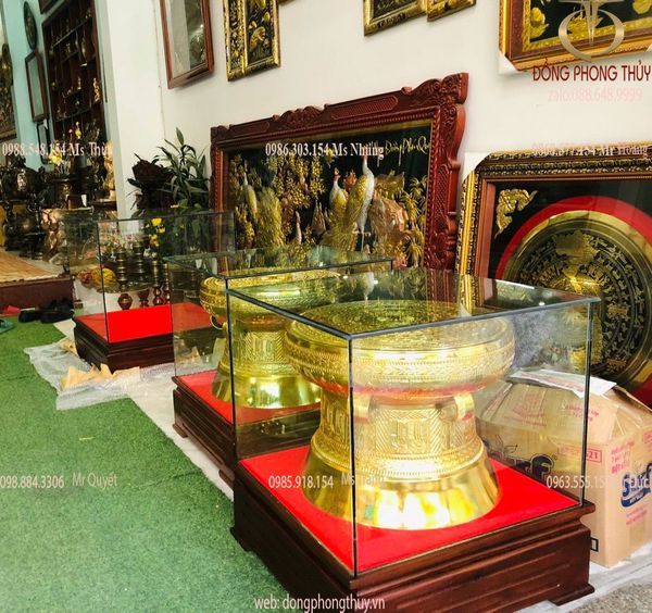 Trống Đồng Đông Sơn 50cm nặng 30kg bằng đồng đỏ dát vàng