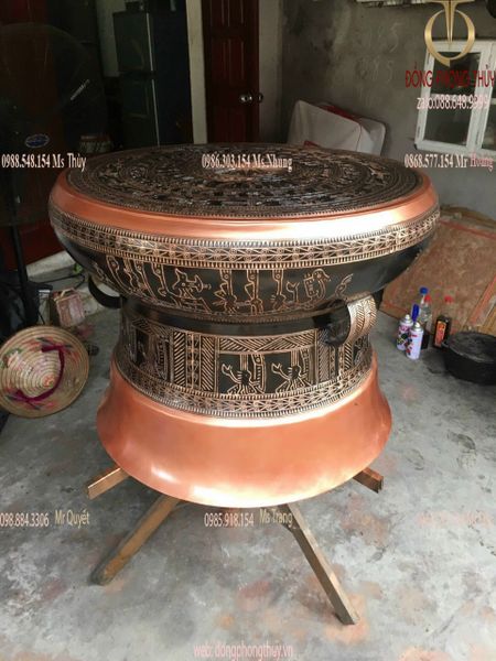 Trống đồng Đông Sơn 80cm 125kg bằng đồng đỏ hoa văn nổi