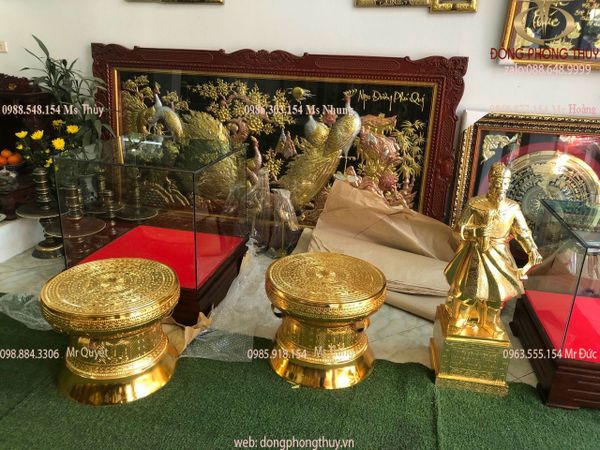 Trống Đồng Đông Sơn 50cm nặng 30kg bằng đồng đỏ dát vàng