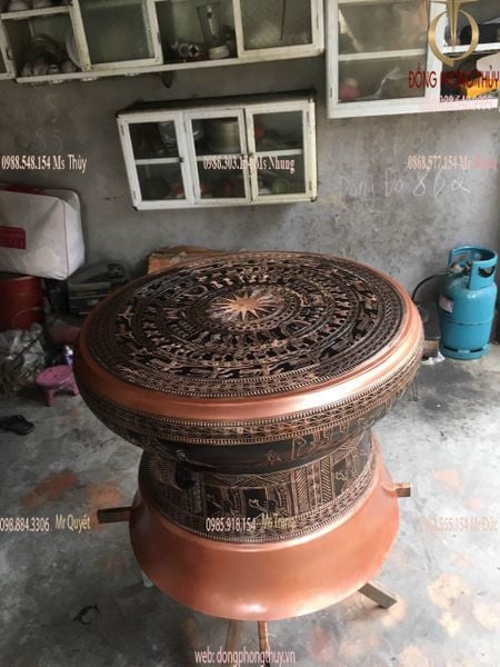 Trống đồng Đông Sơn 80cm 125kg bằng đồng đỏ hoa văn nổi