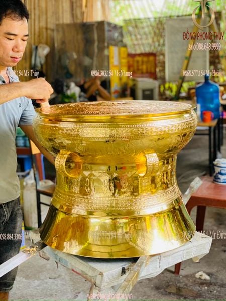Trống đồng đông sơn đường kính 40cm nặng 20kg dát vàng