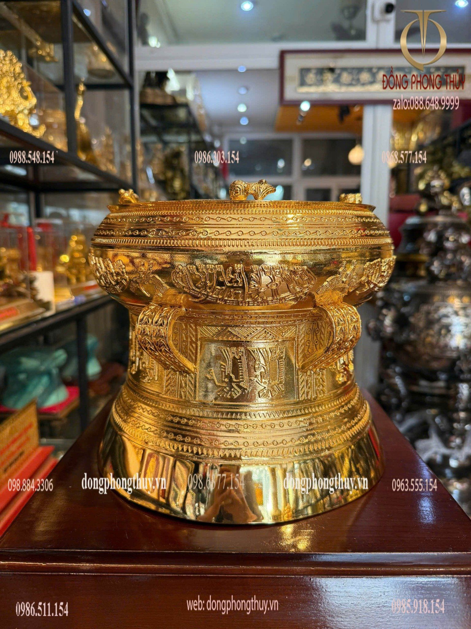 Quả trống đồng Đông Sơn mạ vàng 24k