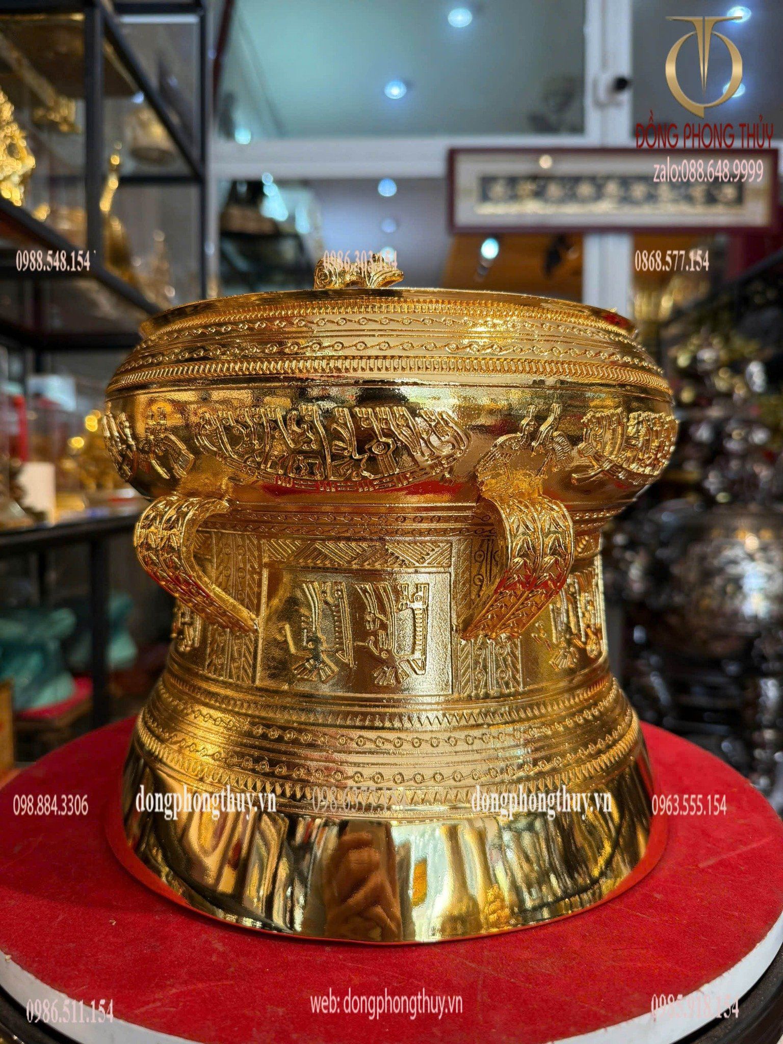 Quả trống đồng Đông Sơn mạ vàng 24k