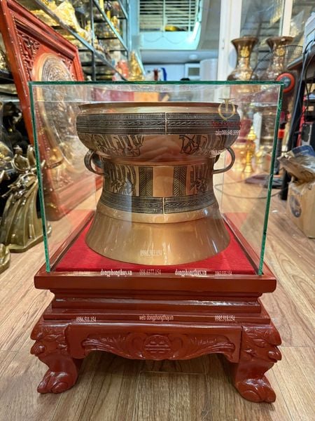 Quả trống đồng đỏ 25cm hoa văn chìm ngọc lũ