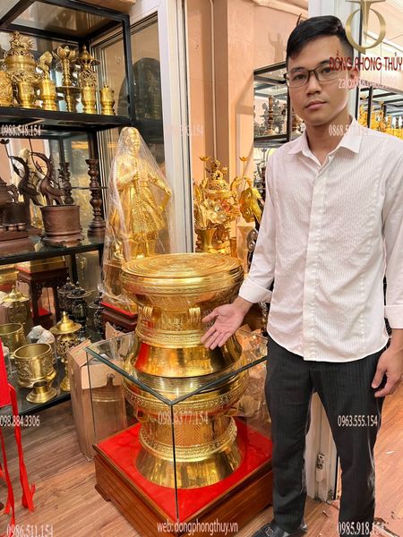 Trống đồng mạ vàng 45cm Ngọc lũ hoa văn chìm dát vàng 24k