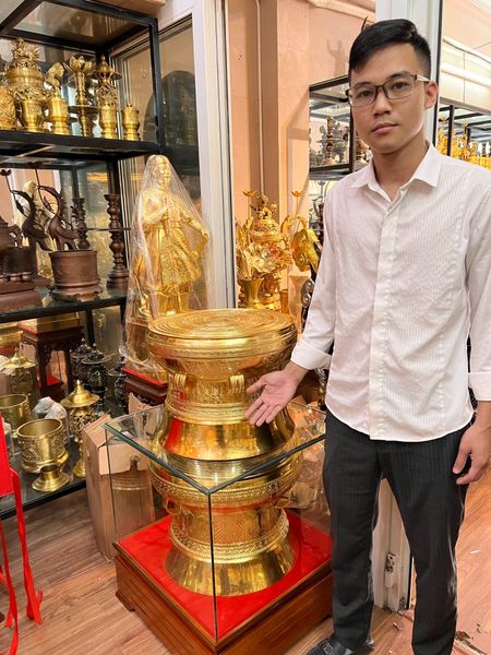 Trống đồng mạ vàng 45cm Ngọc lũ hoa văn chìm dát vàng 24k