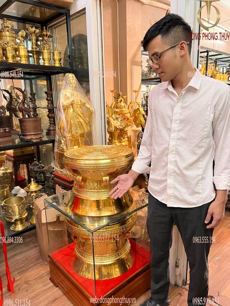 Trống đồng mạ vàng 45cm Ngọc lũ hoa văn chìm dát vàng 24k